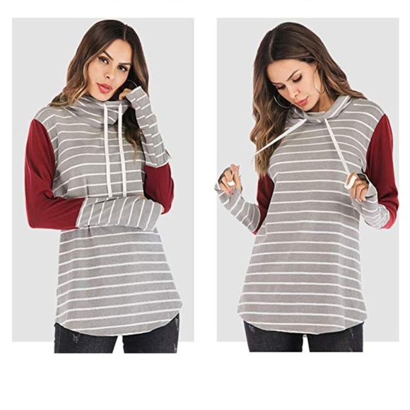 Tops - Striped Long Sleeve High Neck Thumb Hole Top